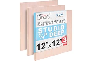 U.S. Art Supply 12" x 12" Unfinished Cradled Wood Panels for Painting, Studio 3/4" Deep (3 Pack) - Artist Depth Birch Wooden Wall Canvases - Mixed-Media Craft, Acrylic, Oil, Encaustic, Paint Pouring