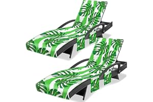 Ruikyhom Lounge Chair Towel Cover, Chaise Lounge Cover (Pack of 2), Beach Chair Covers with 3 Pockets for Pool Sunbathing Beach Garden Courtyard Outdoor Trips, 85 x30 in, Green Leaves