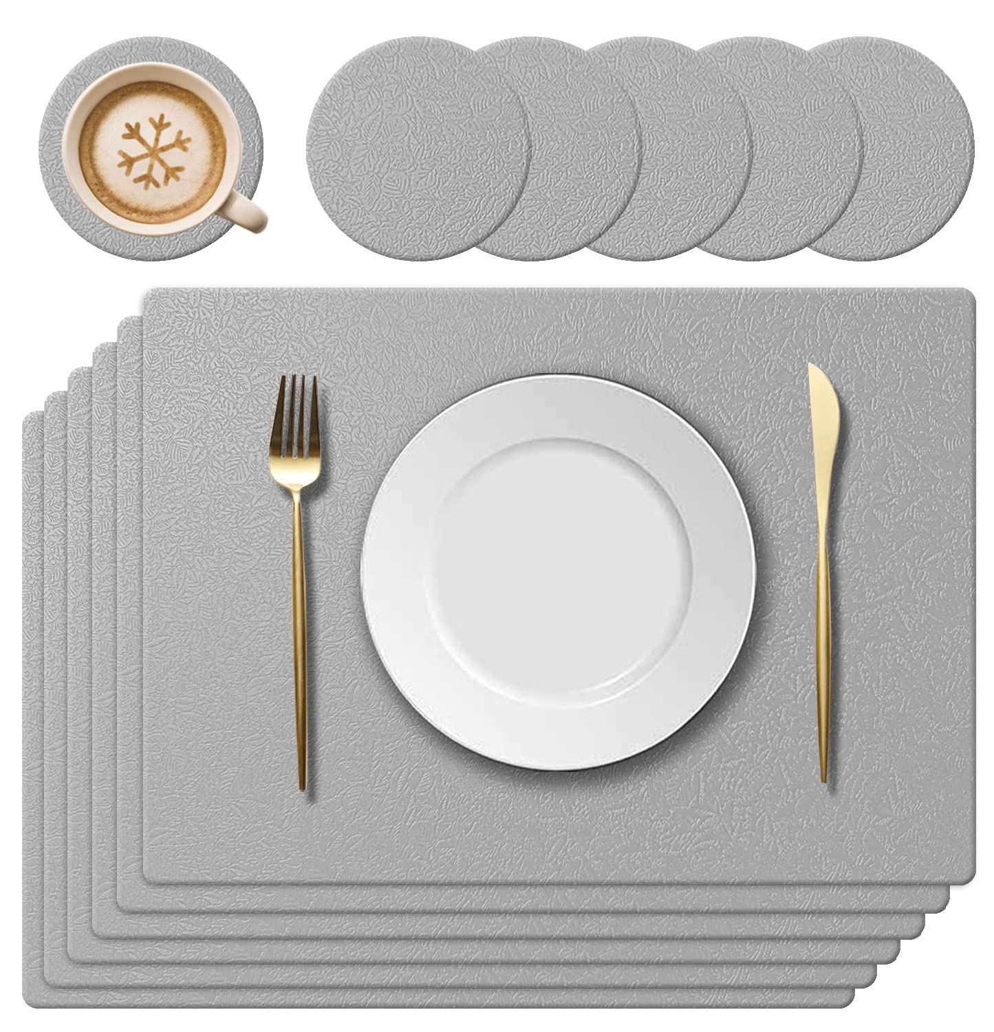 KERYCHIN Washable Silicone Placemat and Coaster, Heat Resistant 450 °F, Non-Slip and Waterproof, Easy to Clean for Dining Room, Kitchen, Hotel, 40 x 30 cm, 12 Pieces, Light Grey