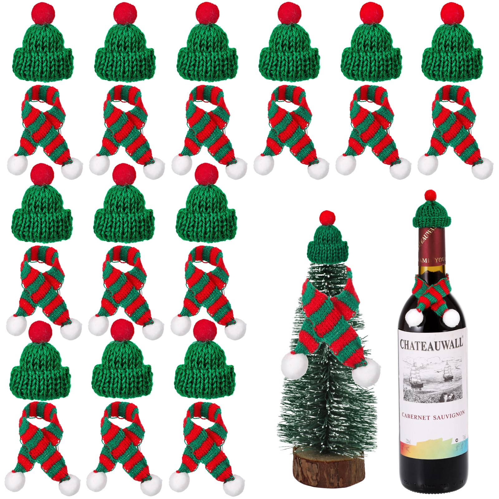 Fentar 24pcs Mini Christmas Hats, Knitted Mini Santa Hats for Crafts and Scarves, Cute Wine Bottle Christmas Hat, Tiny Santa Hat Bulk for Dolls Cutlery Holders Xmas Decor (Green)