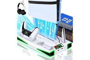 AIFASTERFLY PS5 Stand, Vertical Cooling Station for PS5/PS5 Slim Console with 3-Level Ultra Cooling Fan, PS5 Accessories Dual Controller Charger, 3 Charger Ports, Headset Holder, Dynamic Light