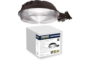 CORAMDEO Outdoor LED Barn Area Light, Dusk to Dawn Photocell, Integrated LED Gives 240W of Light from 44W of Power, Wet Location, Cast Aluminum, Rustic Bronze Finish, Clear Lens, Wall or Post Mount