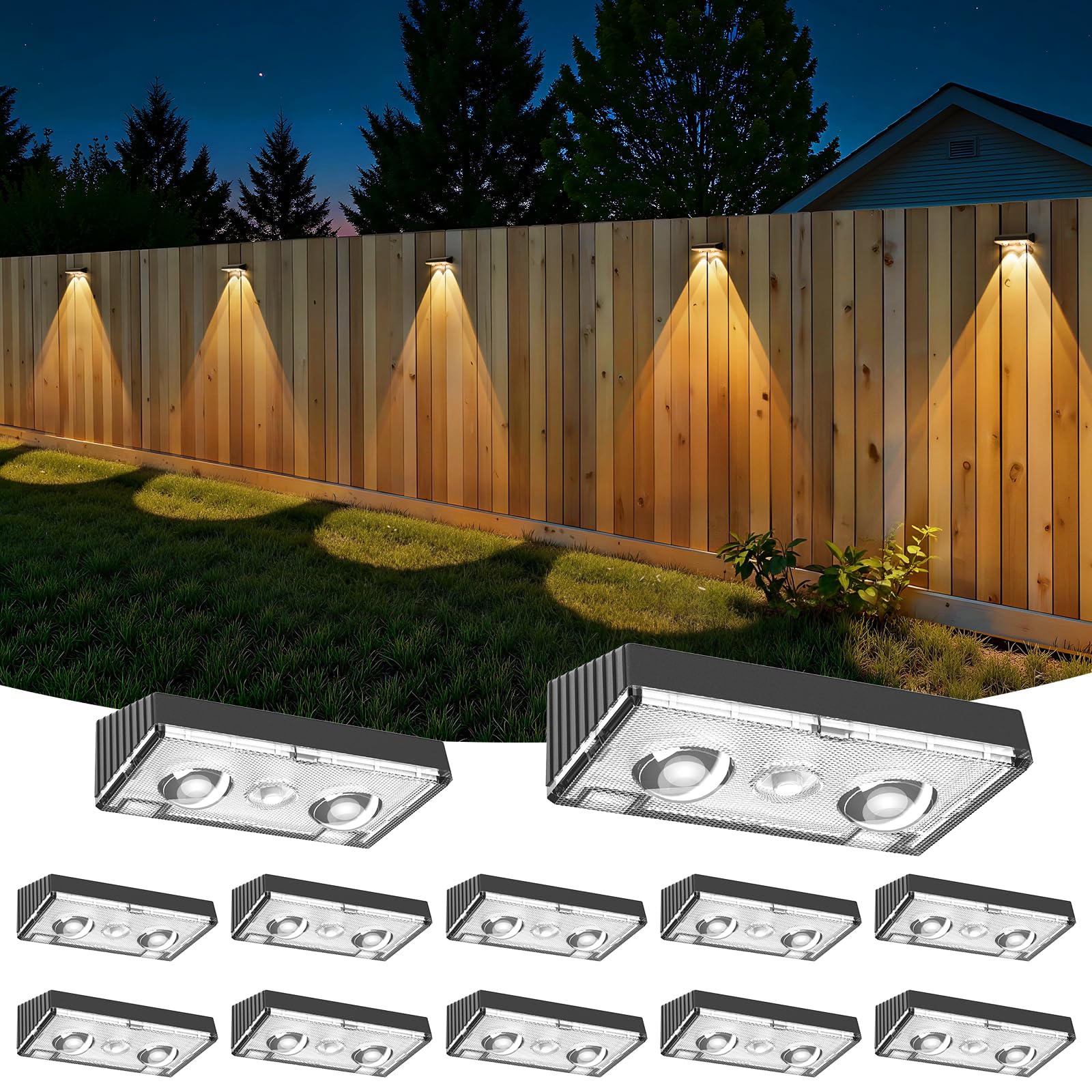 Photo 1 of *** VERY USED *** NIORSUN Solar Fence Lights,12 Pack Deck Light,Led Lights Warm White Outdoor Wall Lights,IP45 Solar Powered Light Waterproof for Backyard/Pool/Railing/Patio/Porch/Step/Outside/Garden (Black)