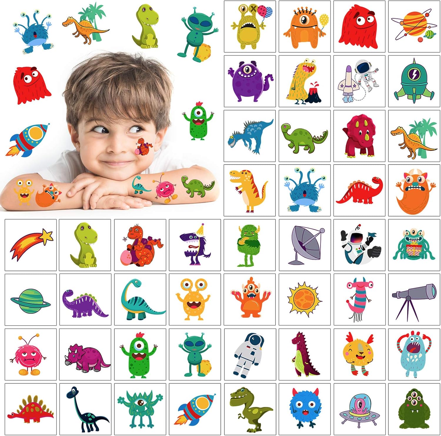 HOWAF 96pcs Temporary Tattoos for Kids Fake & Waterproof Childrens Temporary Tattoo Space Monster Dinosaur Tattoo Stickers for Boys Party Favors Birthday Party Supplies Kids Party Bag Filler - Image 4