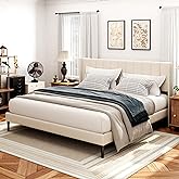 Sismplly King Size Bed Frame and Headboard,Vertical Channel Tufted Wingback No Box Spring Needed, Mattress Foundation, Easy Assembly, Beige