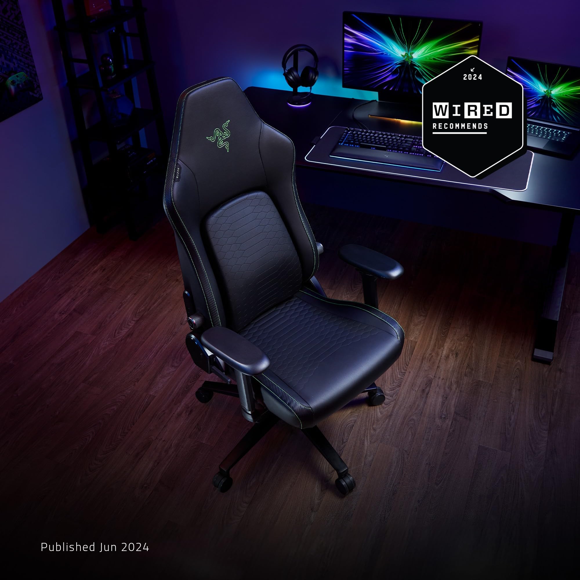 Razer Iskur V2 Gaming Chair: Adaptive Lumbar Support - Adjustable Lumbar Curve - High Density Foam Cushions - Reactive Seat Tilt &152-degree Recline - 4D Armrests - Synthetic Leather - Black/Green