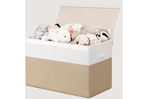 INDRESSME 25"x13"x16" Toy Box Toy Storage Organizer with Lid Collapsible Sturdy Toy Chest, Foldable Toy Bin for Living Room, Playroom, Bedroom, Toy Baskets Storage Kids, Boys, Girls (Beige & White)