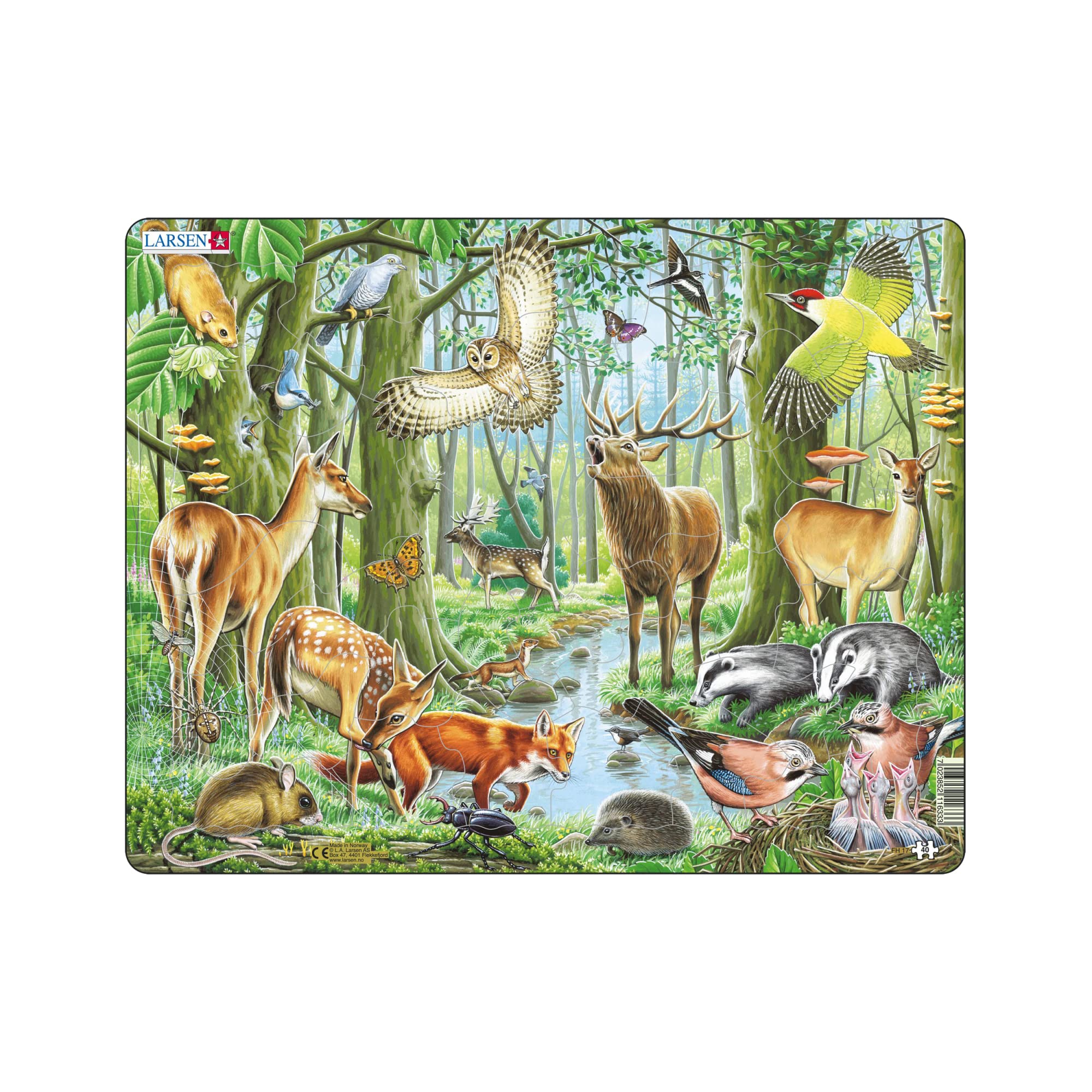 Larsen FH17 European Forest Jigsaw Puzzle – 40-Piece Tray Puzzle for Kids (Deer, Fox, Owl & More) – Educational Nature Puzzle for Preschool & Early Learning