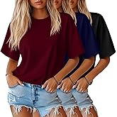 Huukeay 3 Pack Women's Half Sleeve T-Shirts, Crew Neck Elbow Length Tops Loose Casual Basic Tees Summer Tunic Tops
