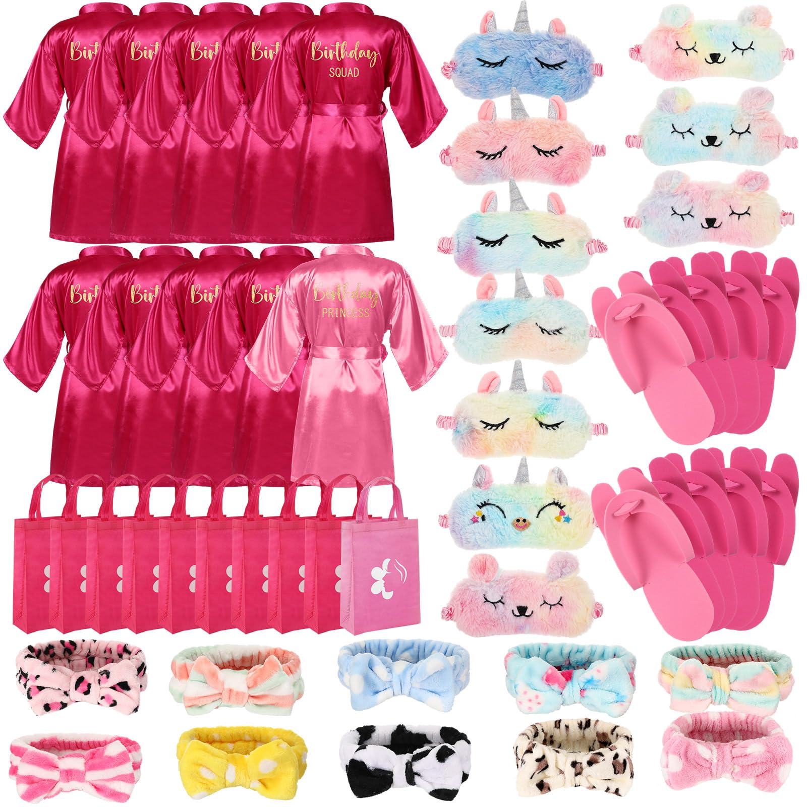 Photo 1 of Bonuci 50 Pcs Spa Party Supplies for Girls, 10 Satin Robe 10 Kids Slippers Sleepover Birthday Spa Party Favors (1 Pink, 9 Rose Red)