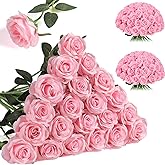 Nubry 24pcs Artificial Pink Roses, Fake Silk Roses Flower with Long Stems, Realistic Flowers for Bridal Wedding Party Table Centerpiece Home Decor