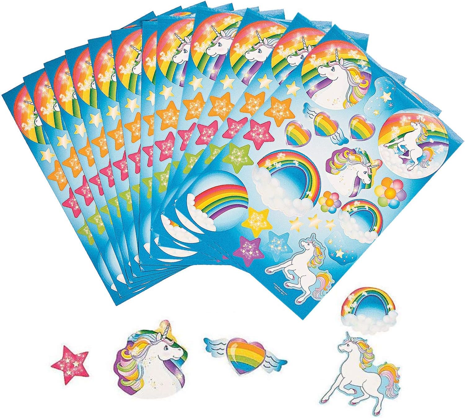 Kicko Magical Unicorn Rainbow Sticker Sheets - Pack of 12 Sheets for Fanciful Party Favors, Game Prizes, Colorful Wall Decals, Creative Scrapbooks, Girly Collections, Personalized Arts and Crafts