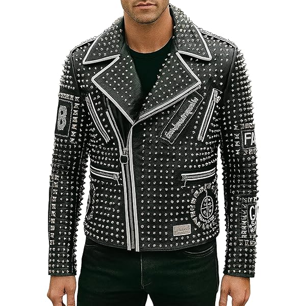 Mens Brando Black & Blue Spikes Studded Rock Punk Leather Jacket
