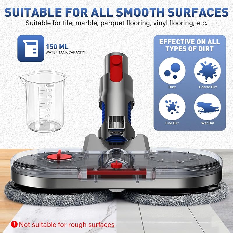 Testa di Mocio Elettrico per Aspirapolvere Dyson V7 V8 V10 V11 V15 Spazzola Lavapavimenti per Dyson con Serbatoio Rimovibile, Contenitore di Riempimento e 8 Panni Lavabili
