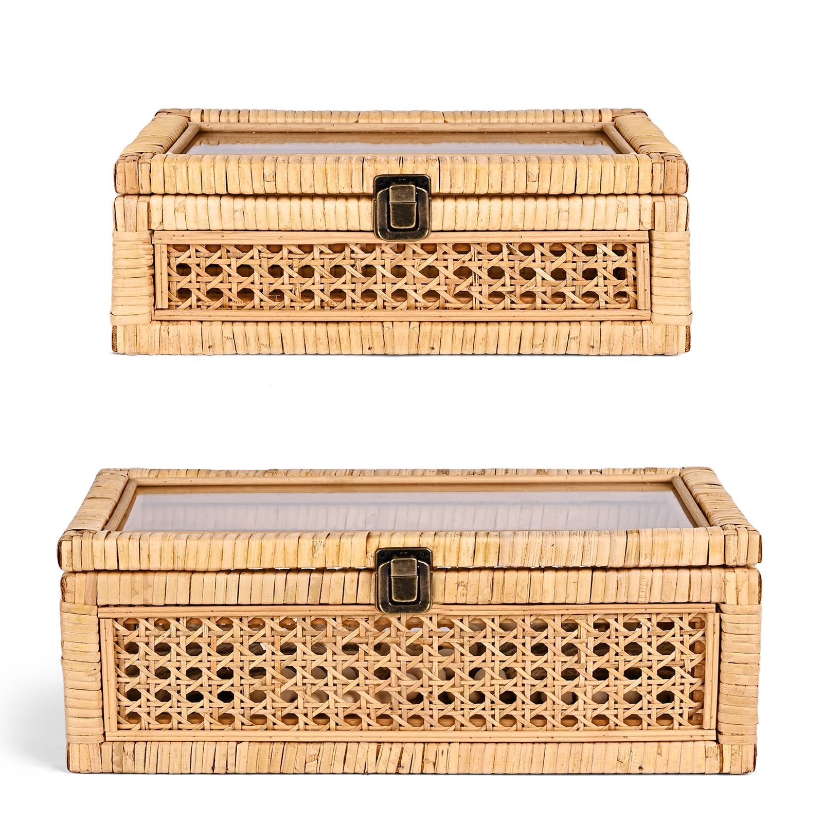 Photo 1 of HUAXIN CRAFT H Rattan Decorative Box with Lid, Rectangular Woven with Glass for Display, Set of 2 Wicker for Decor