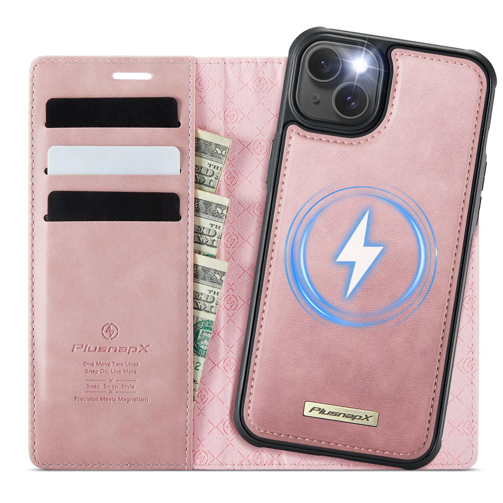 Photo 1 of PlusnapX Wallet Case for iPhone 15 Compatible with Magsafe, 2-in-1 PU Leather Flip RFID Blocking Card Holder Stand Shockproof Magnetic Detachable Cover for iPhone 15 Case 6.1", Pink