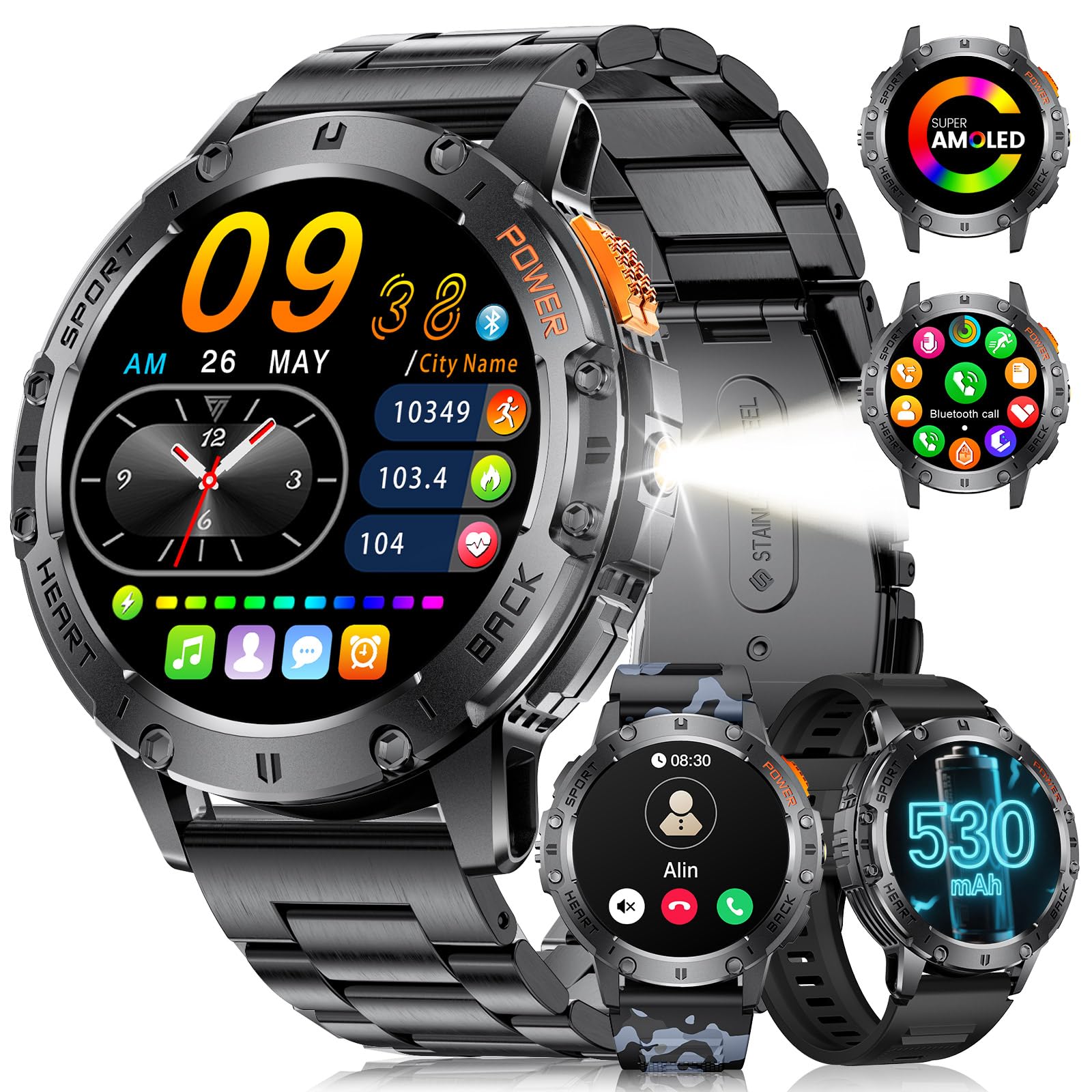 LIGE Military Smart Watch for Men (3 Straps) - LED Flashlight,1.43'' AMOLED Display Fitness Tracker, 24-Hour Health Monitor, 100+ Sports Modes, Smart Watch for iOS Android, Black/Camouflage Silicone