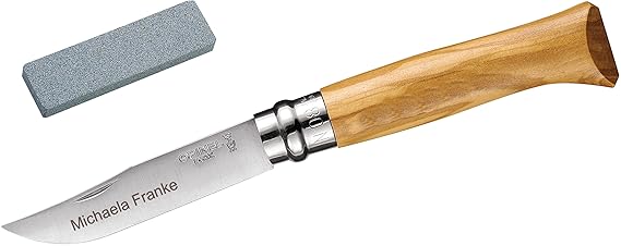 Opinel No.8 Olivenholz Set: Taschenmesser + Schleifstein, Incl. Wunschgravur auf der Klinge in Geschenk-Schachtel