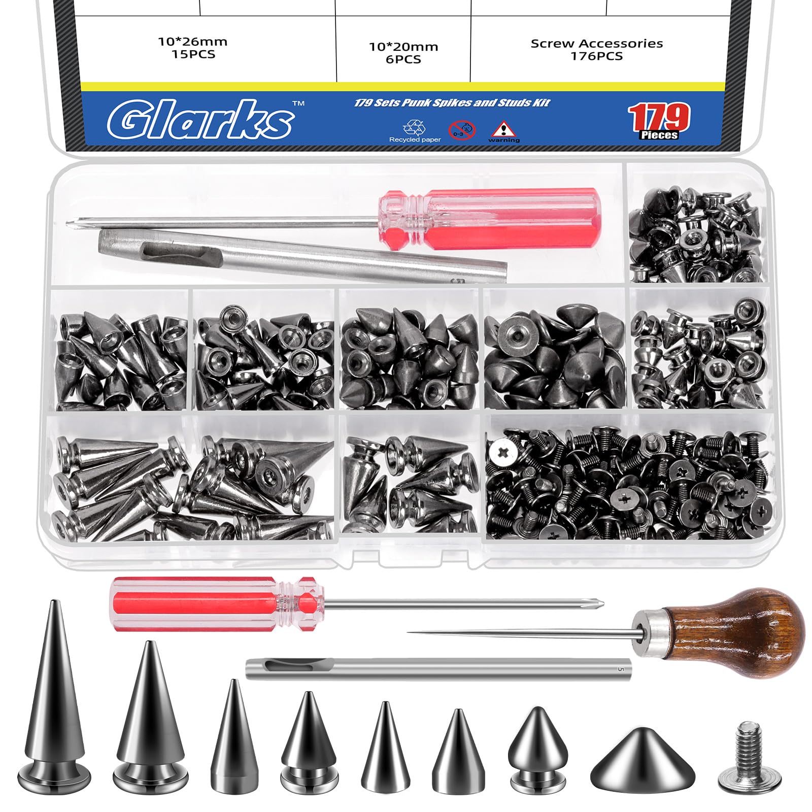 Glarks 355pcs Gun Punk Spikes and Studs Kit, 7 Sizes Zinc Alloy Cone Spike and Stud Rivet, Metal Leather Tree Spikes Studs with Scratch Awl Screwdriver Punch for Punk Clothing Jacket Shoes Wallet