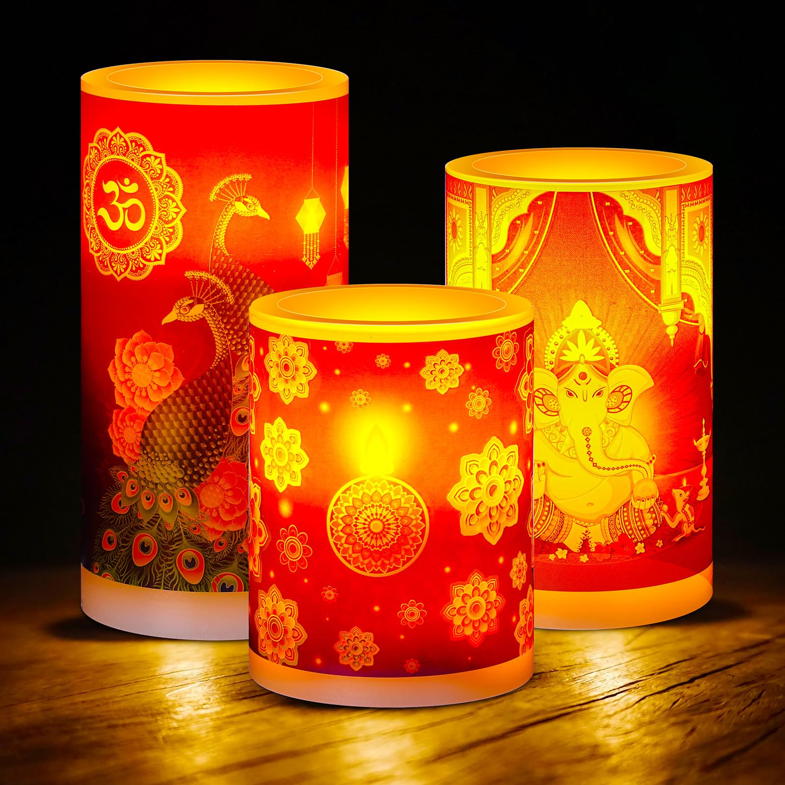 Photo 1 of Treela 3-Piece Diwali Flameless LED Candles - Warm White, Battery Operated, Timer, Deepavali LED Candle Lights for Party Supplies & Home Decor