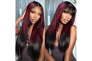 BrownBomb Ombre Red Black Wear and Go Glueless Wigs Pre Plucked Pre Cut for Beginners Synthetic Lace Front Wigs With Bangs Long Straight layered Wigs HD Lace 26 Inch 3 Seconds to Wear for Beginners