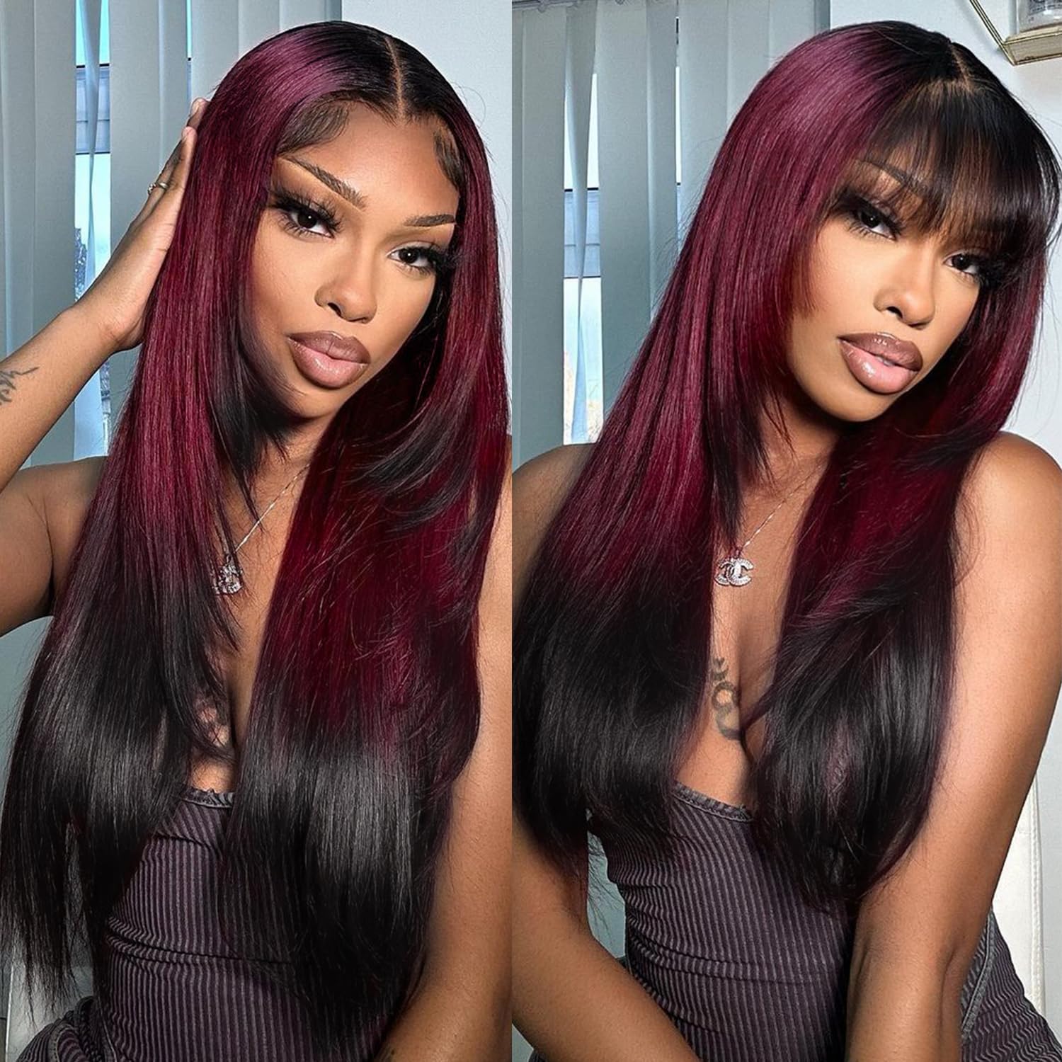Photo 1 of BrownBomb Ombre Red Black Wear and Go Glueless Wigs Pre Plucked Pre Cut for Beginners Synthetic Lace Front Wigs With Bangs Long Straight layered Wigs HD Lace 26 Inch 3 Seconds to Wear for Beginners