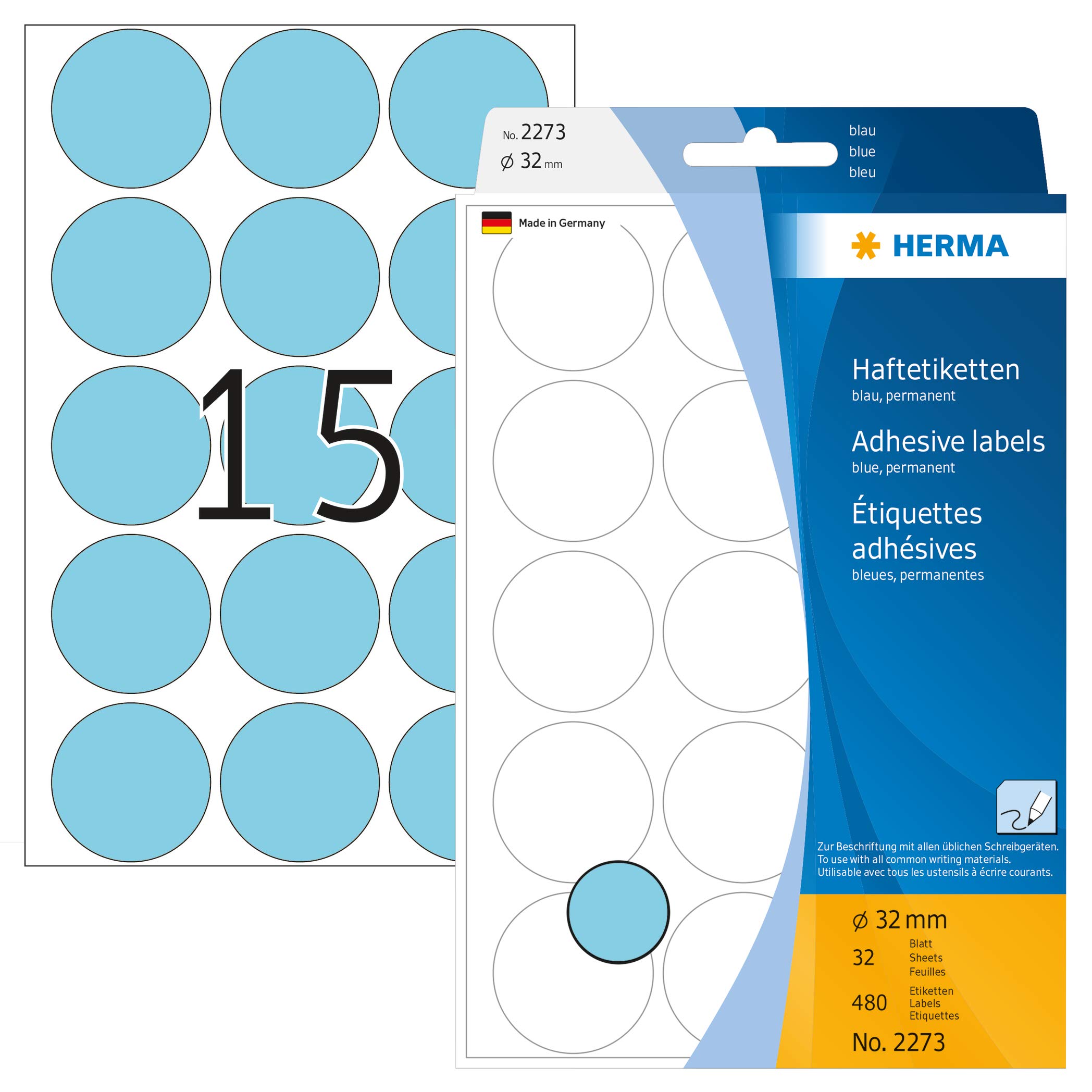 HERMA Dot Stickers Blue, 480 Labels, Ø 32 mm, 15 Labels per Sheet, Self Adhesive Round Colour Labels Stickers, Blank Marking Dots, Sticky Circle Stickers for Color Coding Calendar