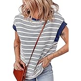 EVALESS Womens Short Sleeve Tops Casual Crewneck Oversized T Shirts Summer Trendy Striped Knit Tee Blouses