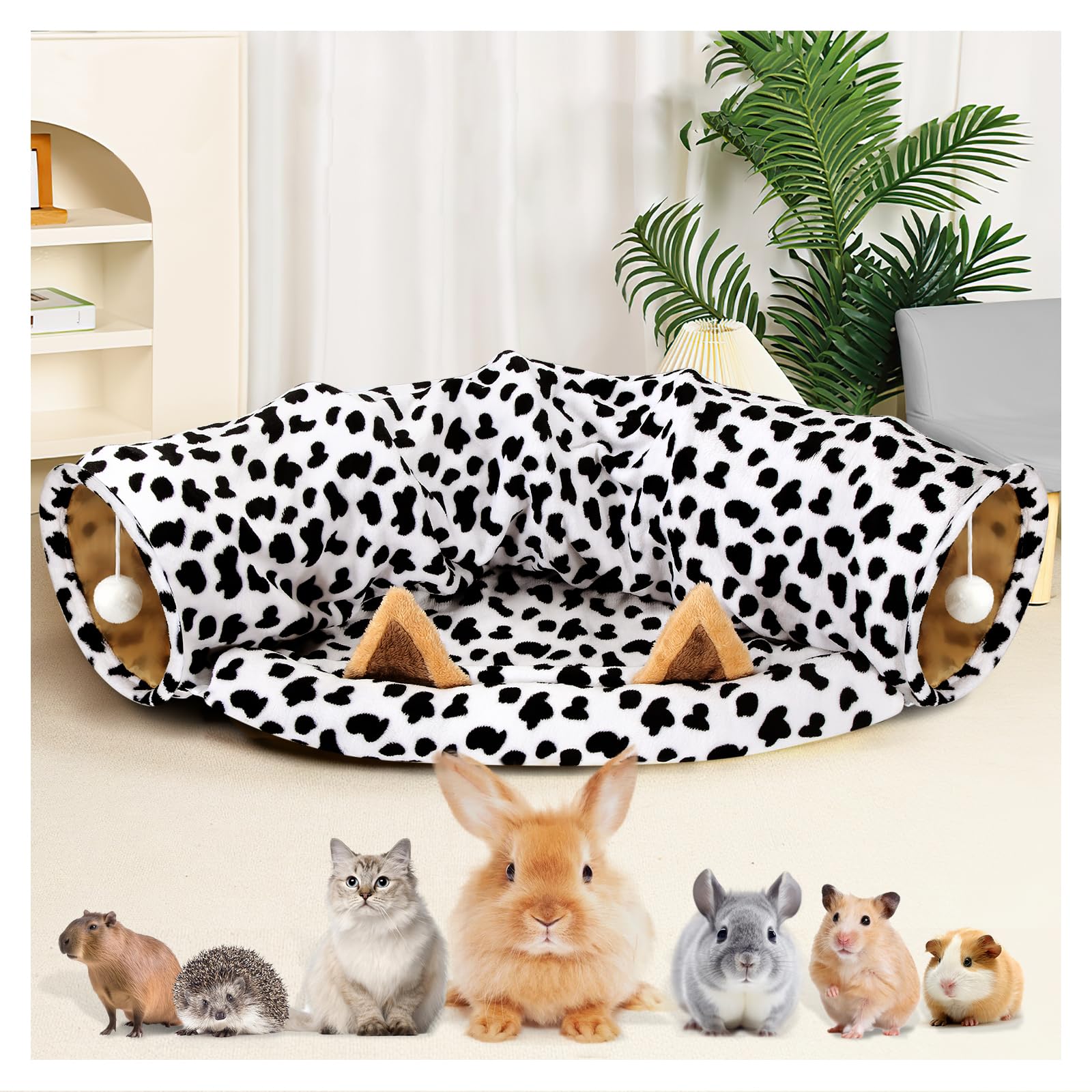 Photo 1 of WEEKSUN Bunny Tunnel Bed, Collapsible Tunnel Tubes,Bunny Toys with Removable Mat, Guinea Pig Houses and Hideouts, for Cats Kittens Rabbits Guinea Pigs Kitty - Milk Cow