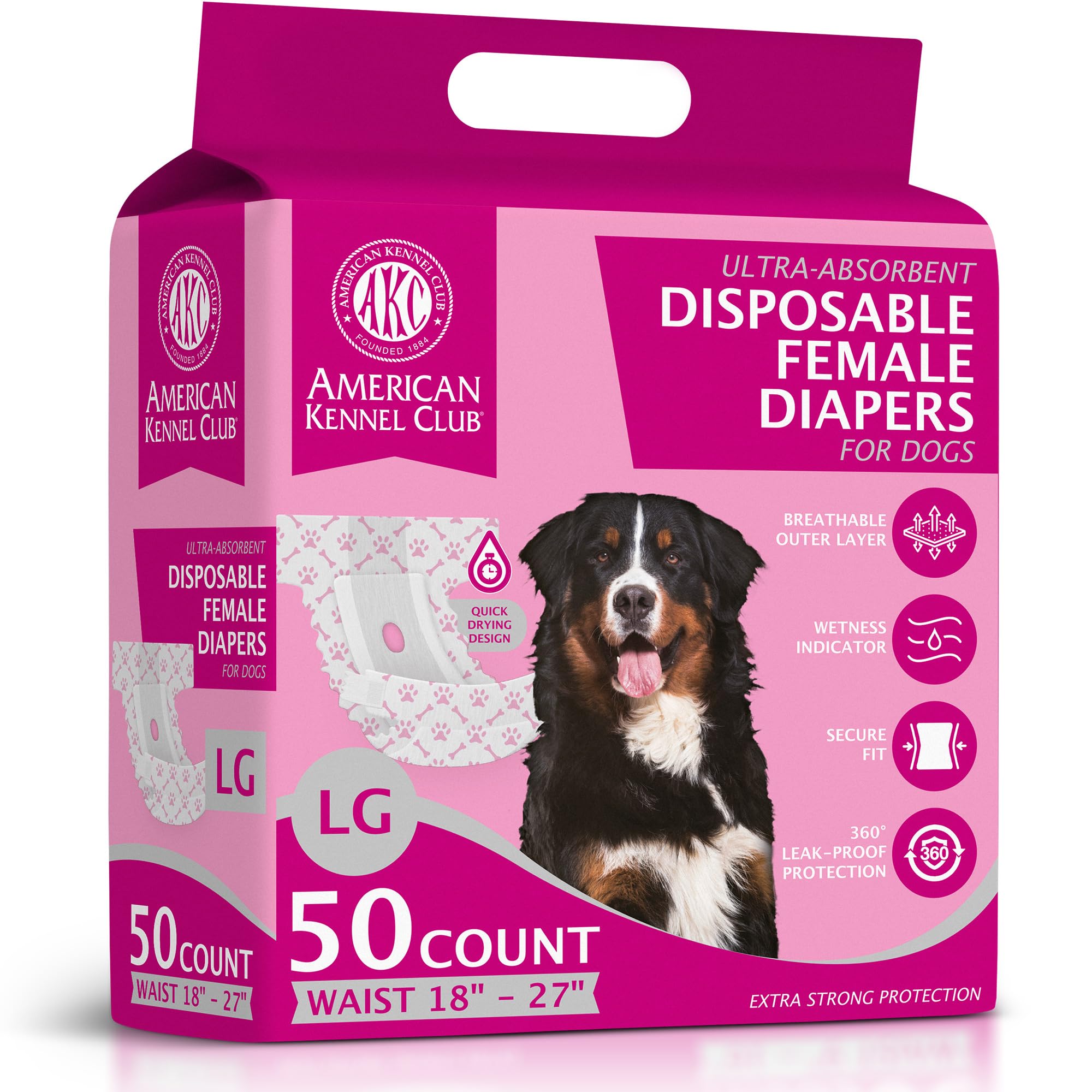 Photo 1 of American Kennel Club Female Dog Wrap, Disposable Diapers with Wetness Indicator (L – High Tail (18–27 in), 50, Count)