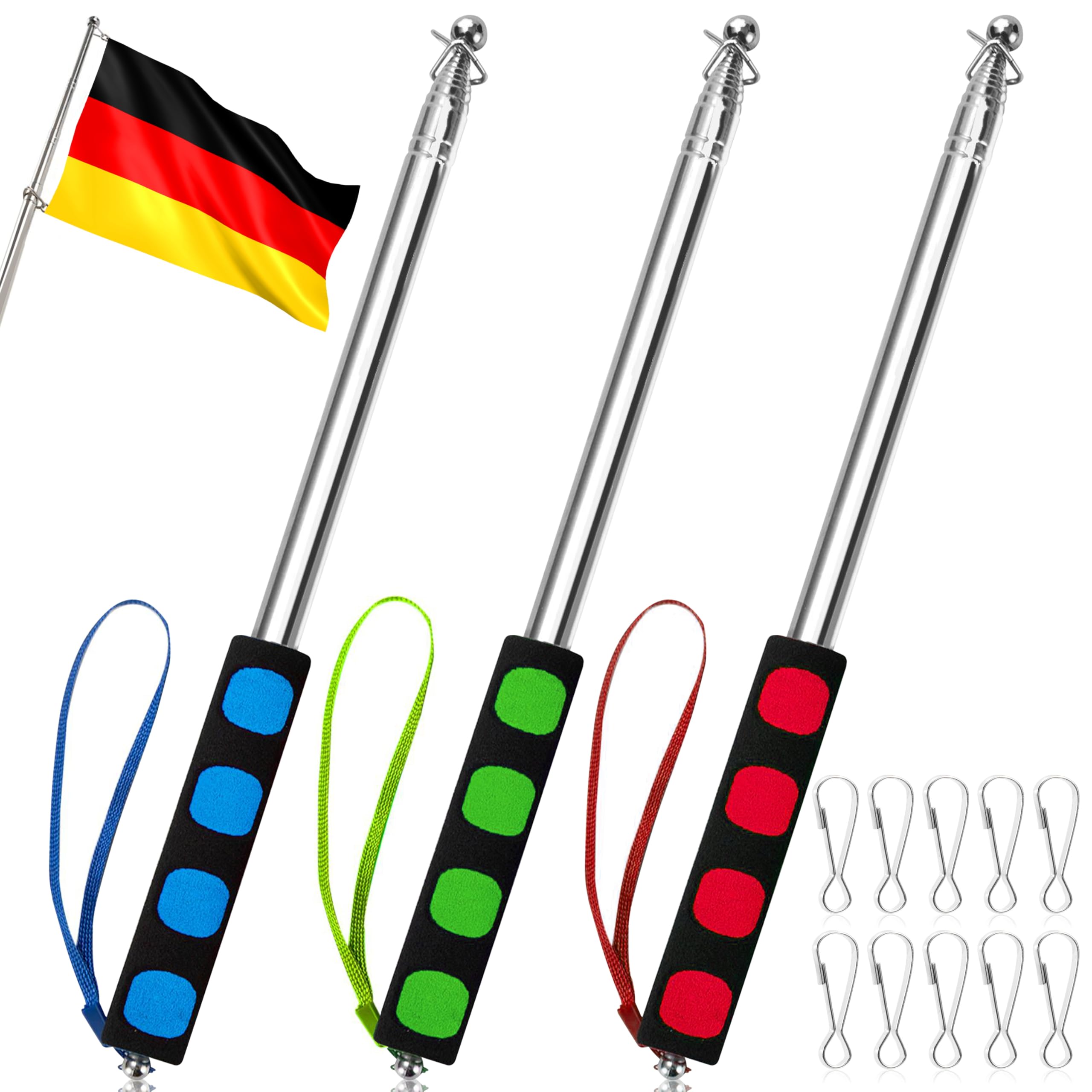 Heveer Telescopic Flag Pole 3pcs 2.5 M Stainless Steel Handheld Flag Pole Portable Extendable Flag Pole with 10 Pieces Flag Pole Clips for Teacher Tour Guide