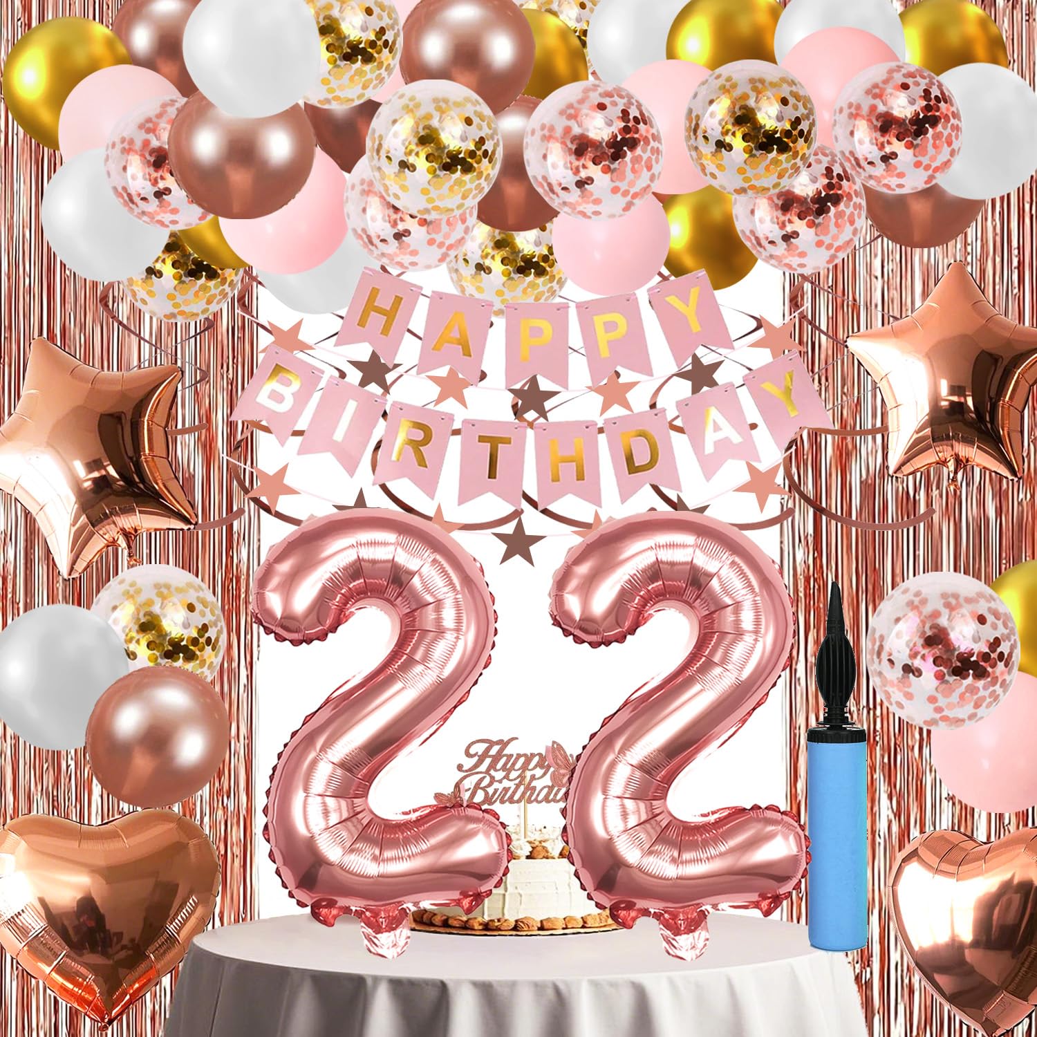Photo 1 of 22nd Birthday Decorations For Women, 22 Year Olds Happy Birthday Banners Party Decor Balloon Foil Fringe Curtains Heart Star Confetti Balloons, 22nd Rose Gold Party Supplies for Girls Women Her