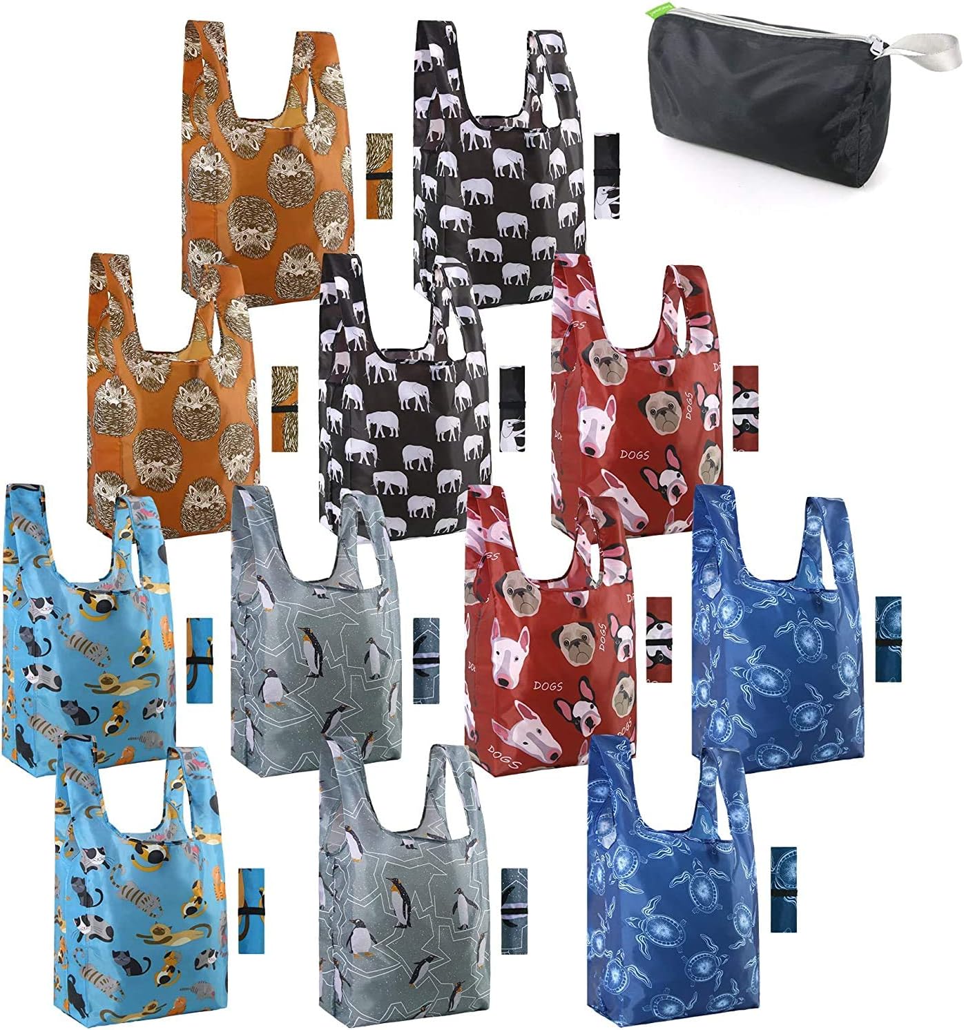 12 Pack Reusable Shopping Bags Foldable Heavy-duty Grocery Bag with Cute Animal Print for Men Women Penguins Turtles