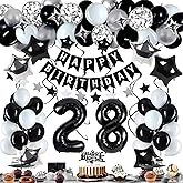 Miidenks 28th Birthday Decorations for Men Women, Black White and Silver Happy 28 Party Decor Set with 28 Number Foil Balloons, Banner, Cake Topper for Him Her