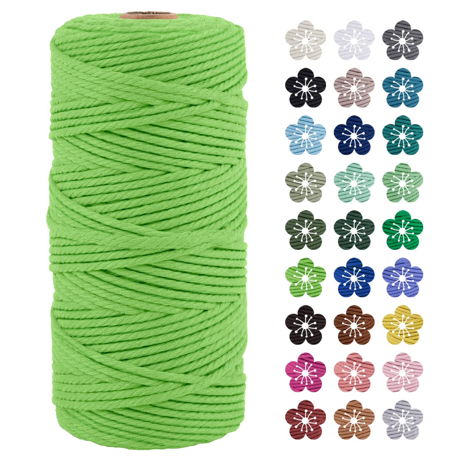 LEREATI Macrame Cord 3mm x 100m, Thick Macrame Rope Natural Cotton Rope Craft String, 4 Strand Twisted Cotton Cord Yarn for DIY Plant Hanger, Wall Hanging, Christmas Decoration (Grass green)