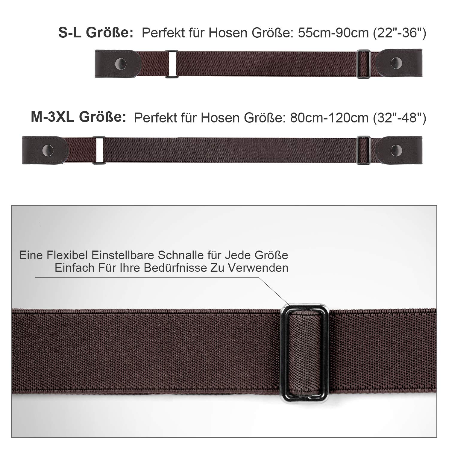 JasGood 2 Pack Schnallenfrei Elastischer Gürtel für Damen oder Herren, Ohne Schnalle Keine Ausbuchtung Unsichtbare Gürtel, Schwarz/Kaffee, Hosengrößen 55cm-90cm