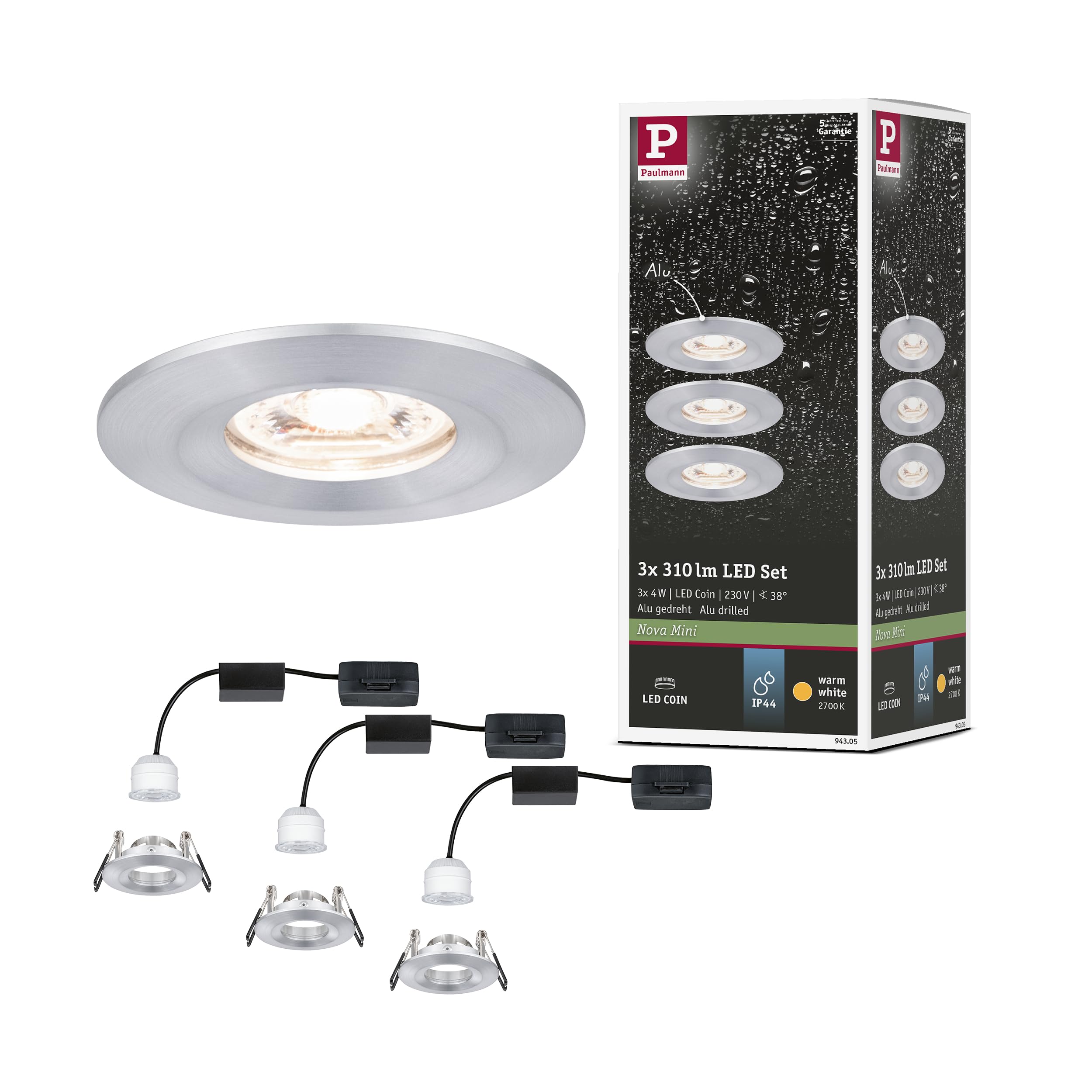Paulmann 94305 Nova mini LED recessed luminaire Coin Round Rigid incl. 3x4 watt recessed Ceiling Spotlight Turned Aluminium recessed lamp Aluminium Warm White 2700 K — image 1