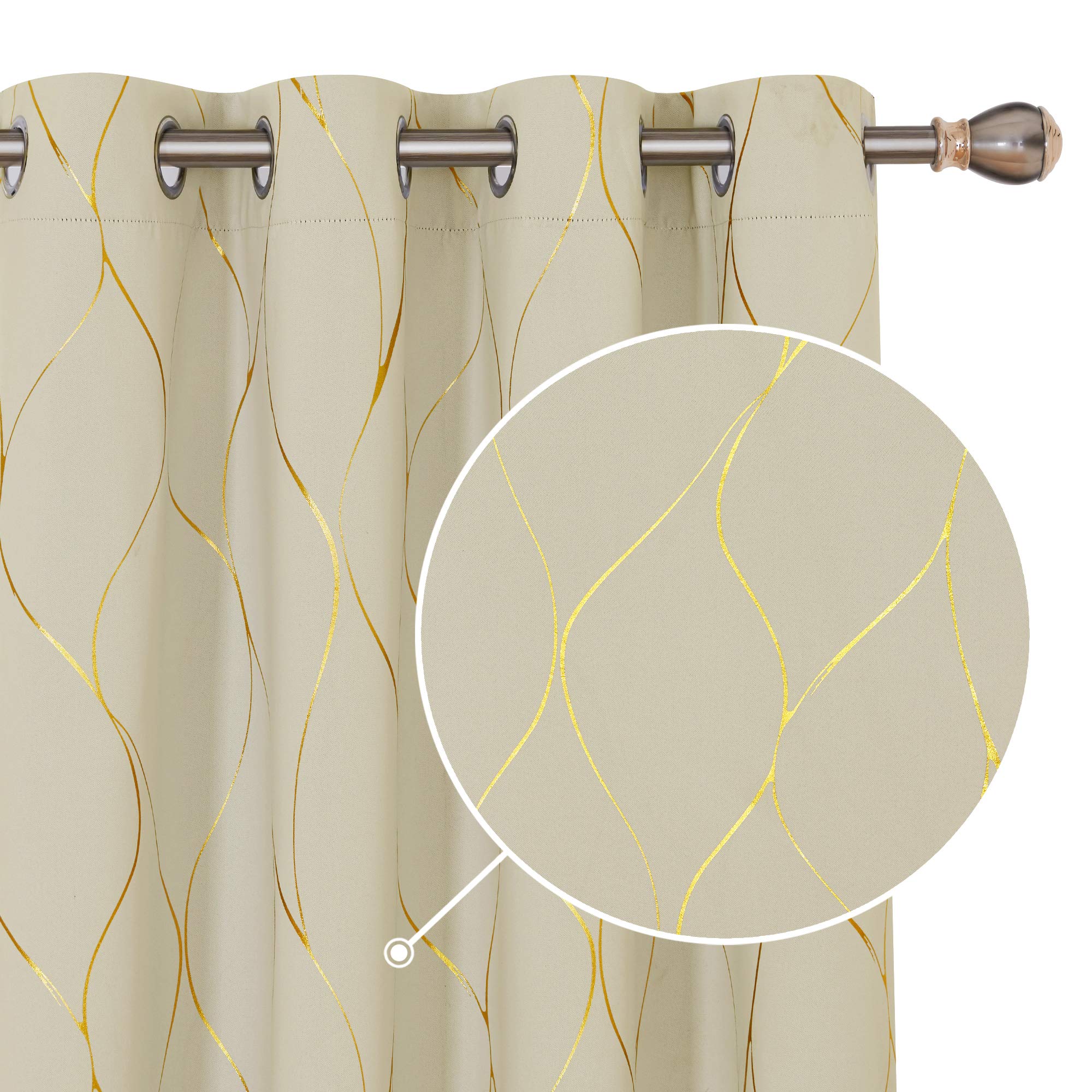 Deconovo Room Darkening Eyelet Curtains - Thermal Insulated with Gold Wave Foil Print for Boys Bedroom, 52 x 63 Inch, Beige, One Pair