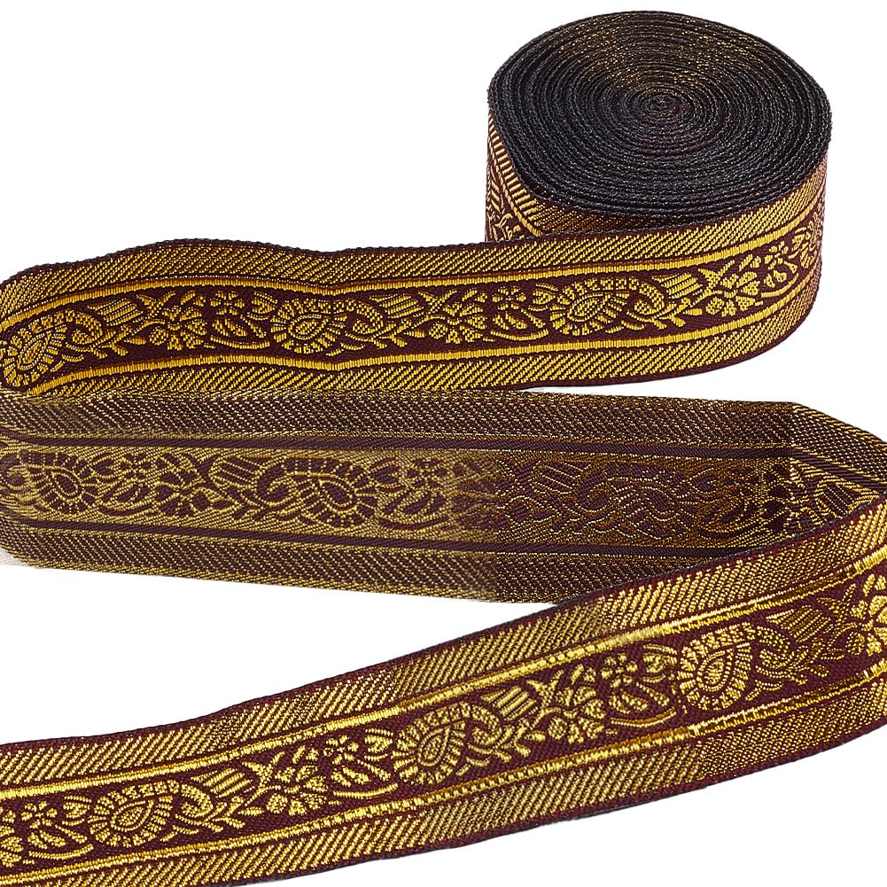 GORGECRAFT 7m Jacquard Tyrolean Ribbon Ethnic 33mm Glitter Metallic Trim Floral Woven Embellishment for Diy Sewing Accessories Gift Wrapping Handmade Bag Making Craft Pillow Supplies, Dark Red