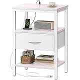 SUPERJARE Nightstand with Charging Station, Bed Side Table with Adjustable Fabric Drawer, Night Stand for Bedroom, 3-Tier Storage End Table, for Living Room, White