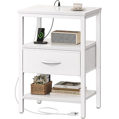 SUPERJARE Nightstand with Charging Station, Bed Side Table with Adjustable Fabric Drawer, Night Stand for Bedroom, 3-Tier Storage End Table, for Living Room, White