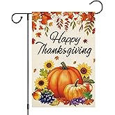 Heyfibro Happy Thanksgiving Pumpkin Garden Flag 12 x 18 Inch Vertical Double Sided Burlap, Fall Sunflower Maple Leaves Yard Flags for Thanksgiving Day Harvest Seasonal Outdoor Decoration(ONLY FLAG)