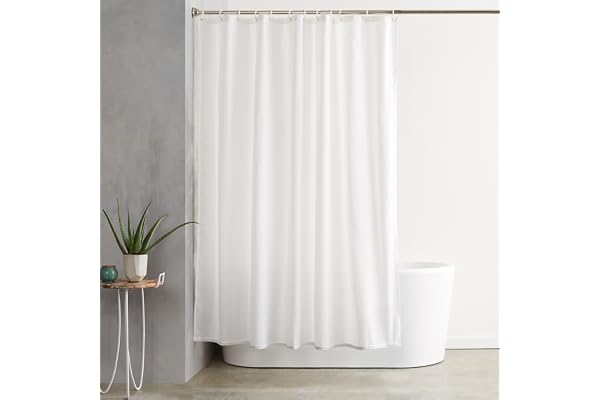 Amazon Basics Water Resistant Fabric Shower Curtain with Grommets and Hooks, Machine Washable, 183cm x 183cm, White