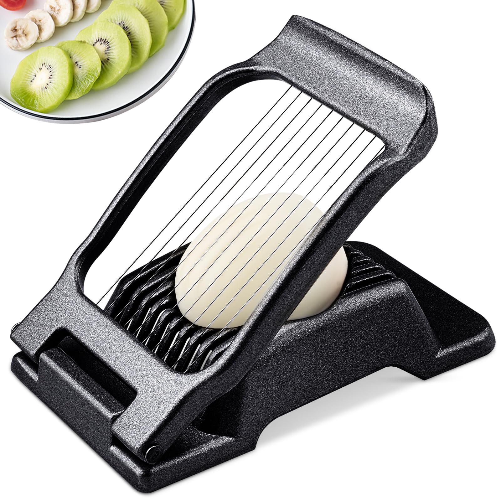 Upgraded Egg Slicer, BIBURY Egg Cutter for Hard Boiled Eggs, Heavy Duty Aluminium Slicer for Egg Strawberry Mushroom Soft Fruit, Stainless Steel Wires, Dishwasher Safe & Easy to Clean - Black
