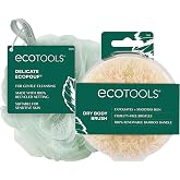 EcoTools Dry Body Brush + Green Delicate EcoPouf, Exfoliating Loofah Set | Pre-Shower Body Brush for Circulation &amp; Cellulite + Recycled Pouf for Sensitive Skin, Vegan, Self-Care Gifts for Women