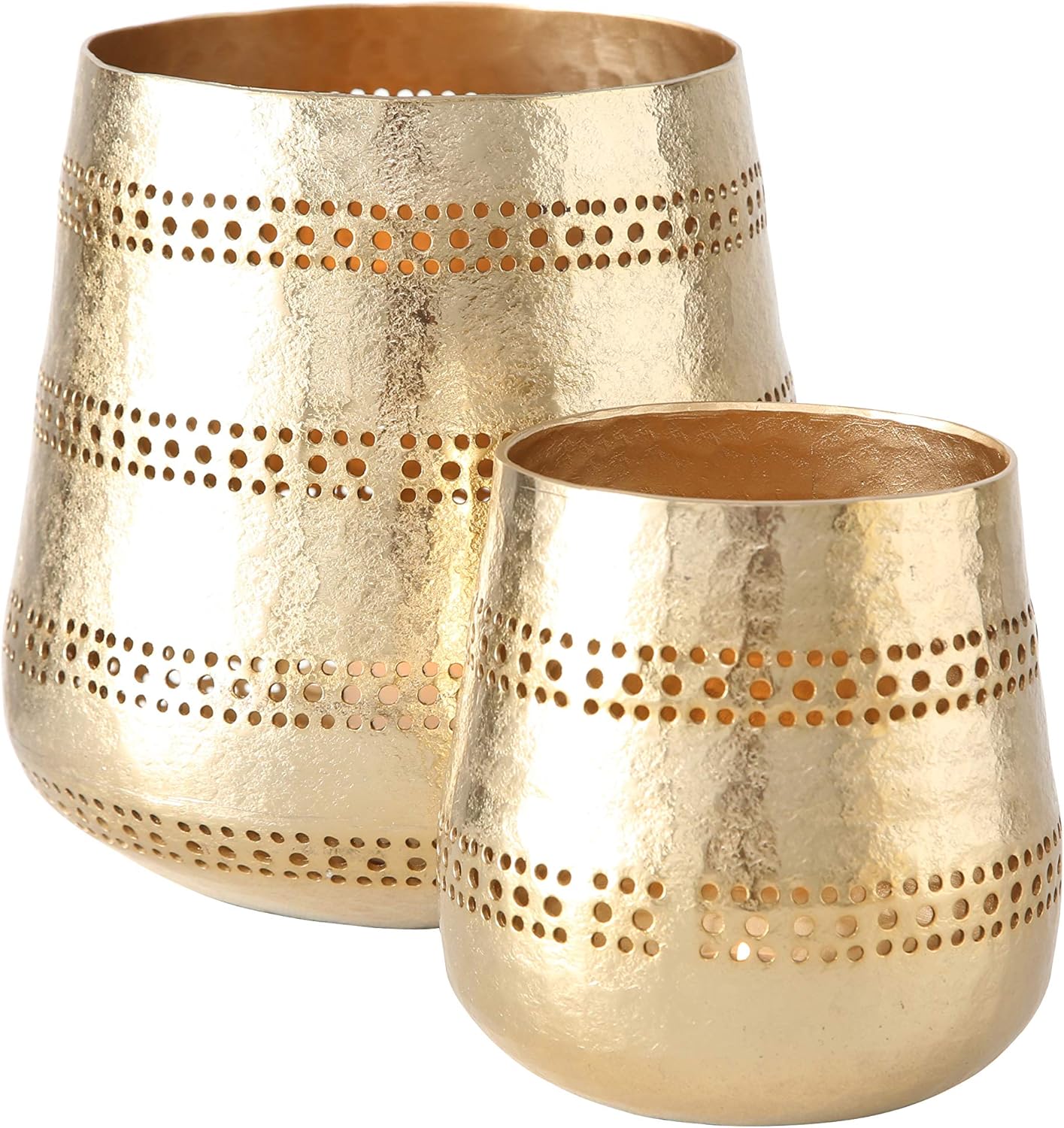 Golden Gilt Metal Votive Candle Holders, Chubby Belly Hurricanes, Set of 2, Textured Surface, 7.5 Diameter x 7.5 Tall, and 5 Diameter x 5 Tall Inches: Kitchen & Dining