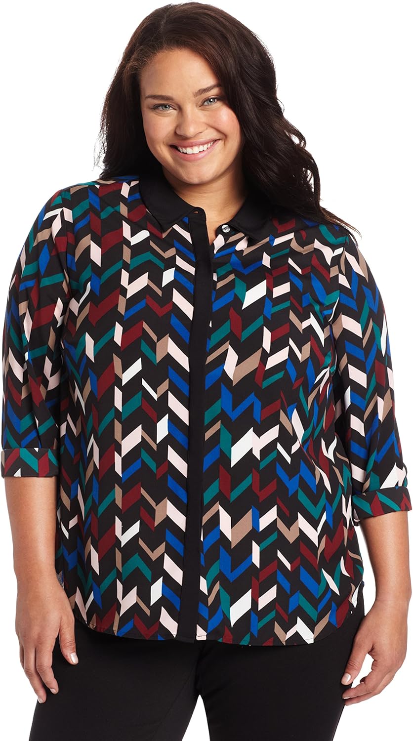 DKNYC Women's PlusSize Long Sleeve Button Thru Blouse with Solid