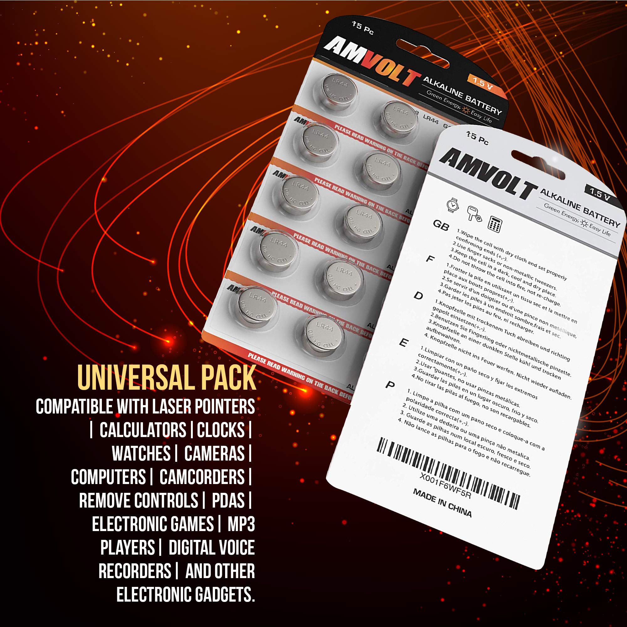 AmVolt- Pack of 15 LR44 Batteries AG13 SR44 357 303 Premium Alkaline Non Rechargeable Button Battery, 1.5 Volt Small Batteries for Watches Clocks & Electronic Devices