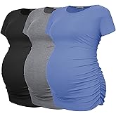 Smallshow Women's Maternity Shirts Ribbed Ruched Pregnancy Clothes Tops 3 Packs