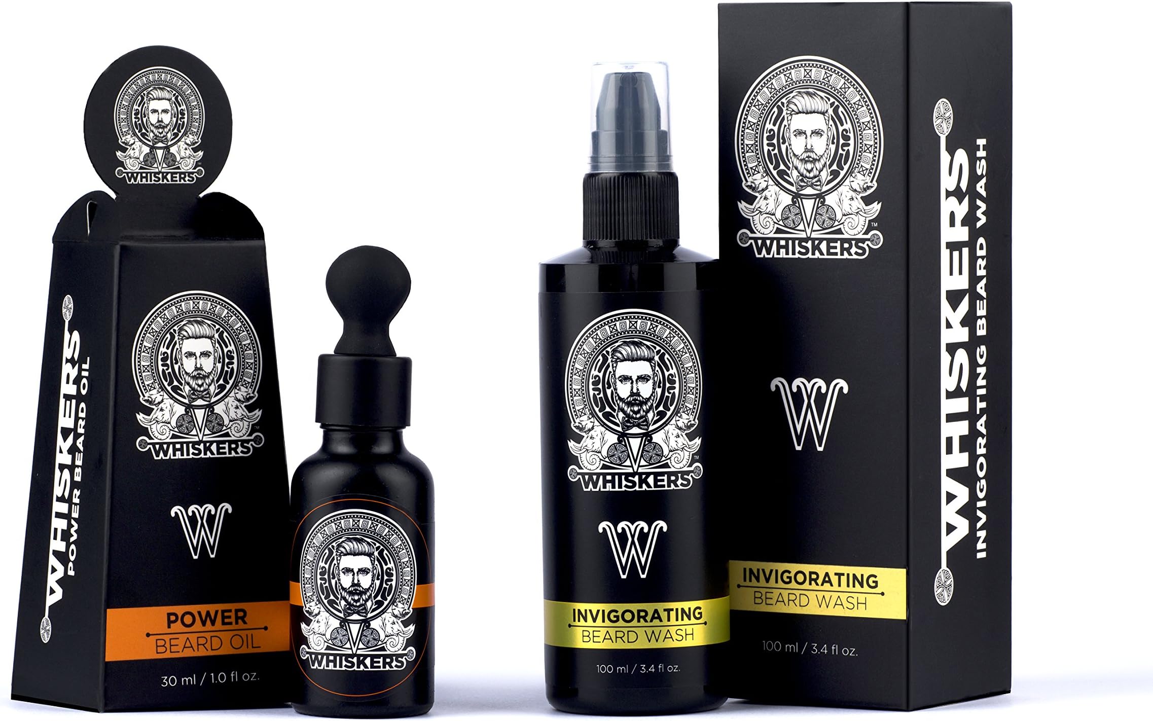 Whiskers® Power Beard Growth Oil (30 ml) & Invigorating Beard Wash (100 ml) - Natural Oils & Beard Treatment